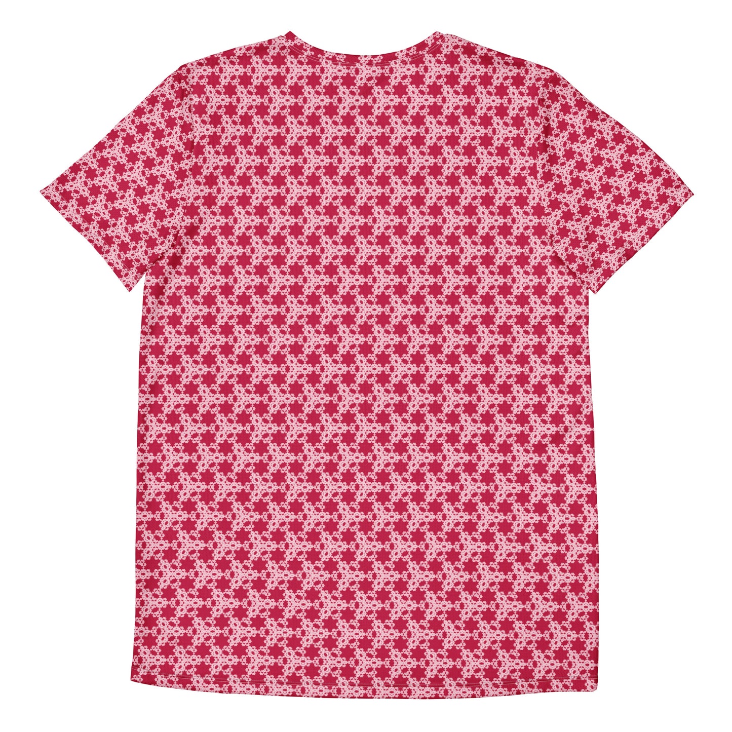 Back of the men's athletic t-shirt with the 'Trigon' red and pink fractal geometric pattern.