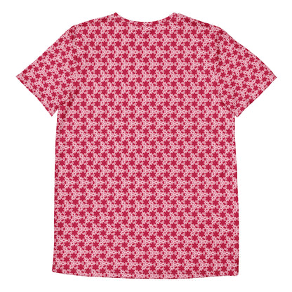 Back of the men's athletic t-shirt with the 'Trigon' red and pink fractal geometric pattern.
