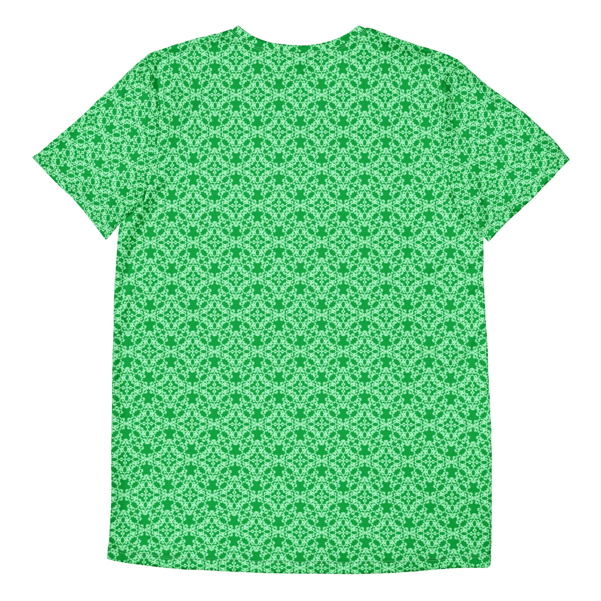 Back of the men's athletic t-shirt with the 'Tetragon' green fractal geometric pattern.