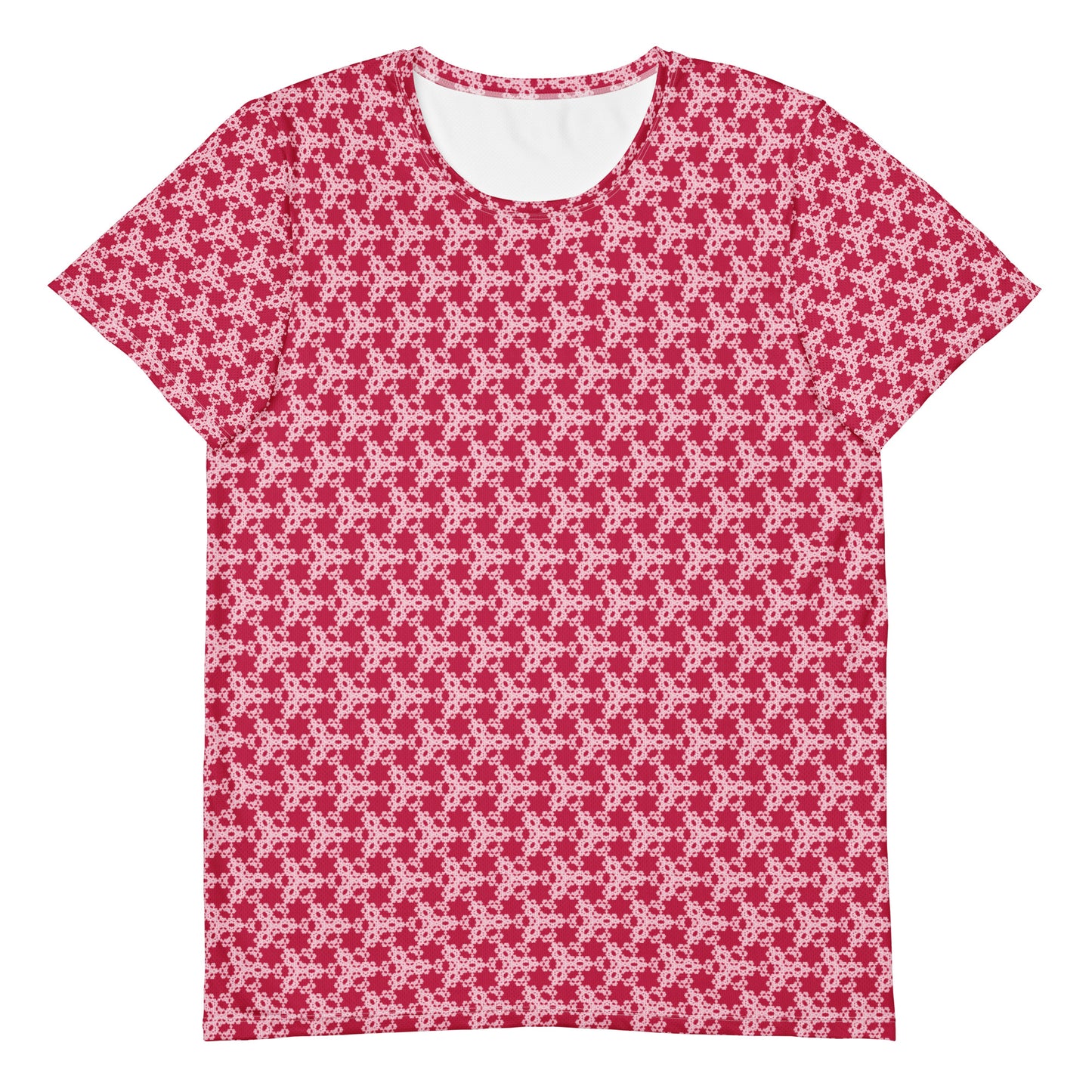 Front of the men's athletic t-shirt with the 'Trigon' red and pink fractal geometric pattern.