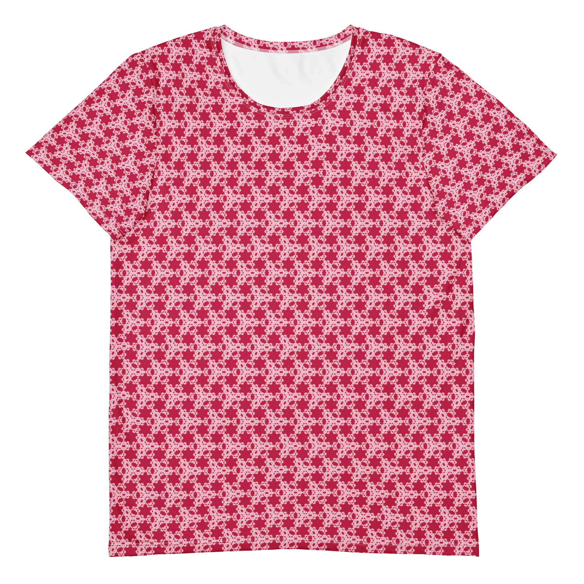 Front of the men's athletic t-shirt with the 'Trigon' red and pink fractal geometric pattern.