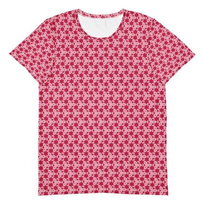 Front of the men's athletic t-shirt with the 'Trigon' red and pink fractal geometric pattern.