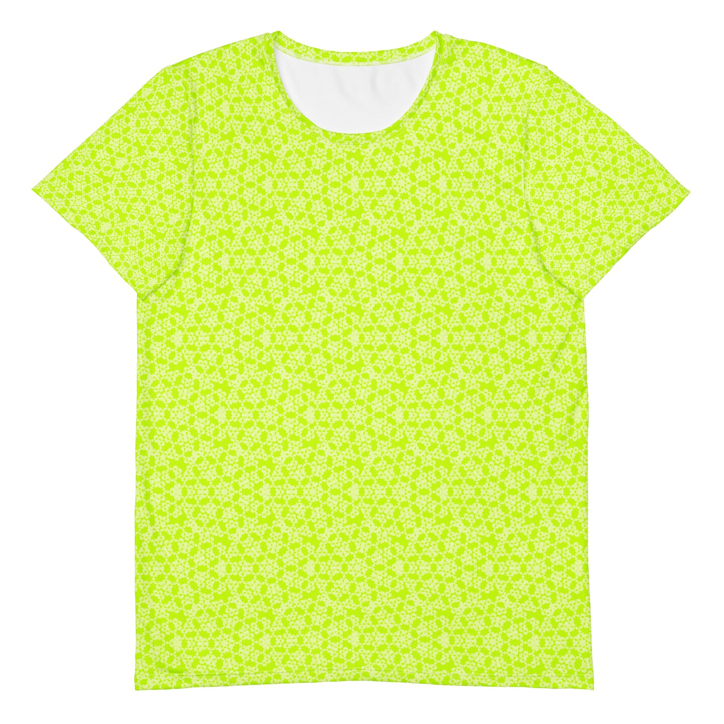 Front of the men's athletic t-shirt with the 'Heptagon' yellow-green fractal geometric pattern.