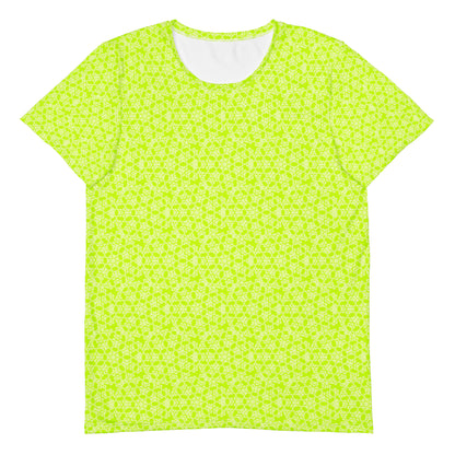 Front of the men's athletic t-shirt with the 'Heptagon' yellow-green fractal geometric pattern.