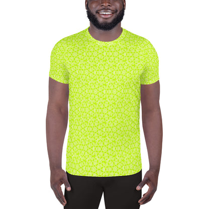 Front shot of a model wearing the men's athletic t-shirt with the 'Heptagon' yellow-green fractal geometric pattern.