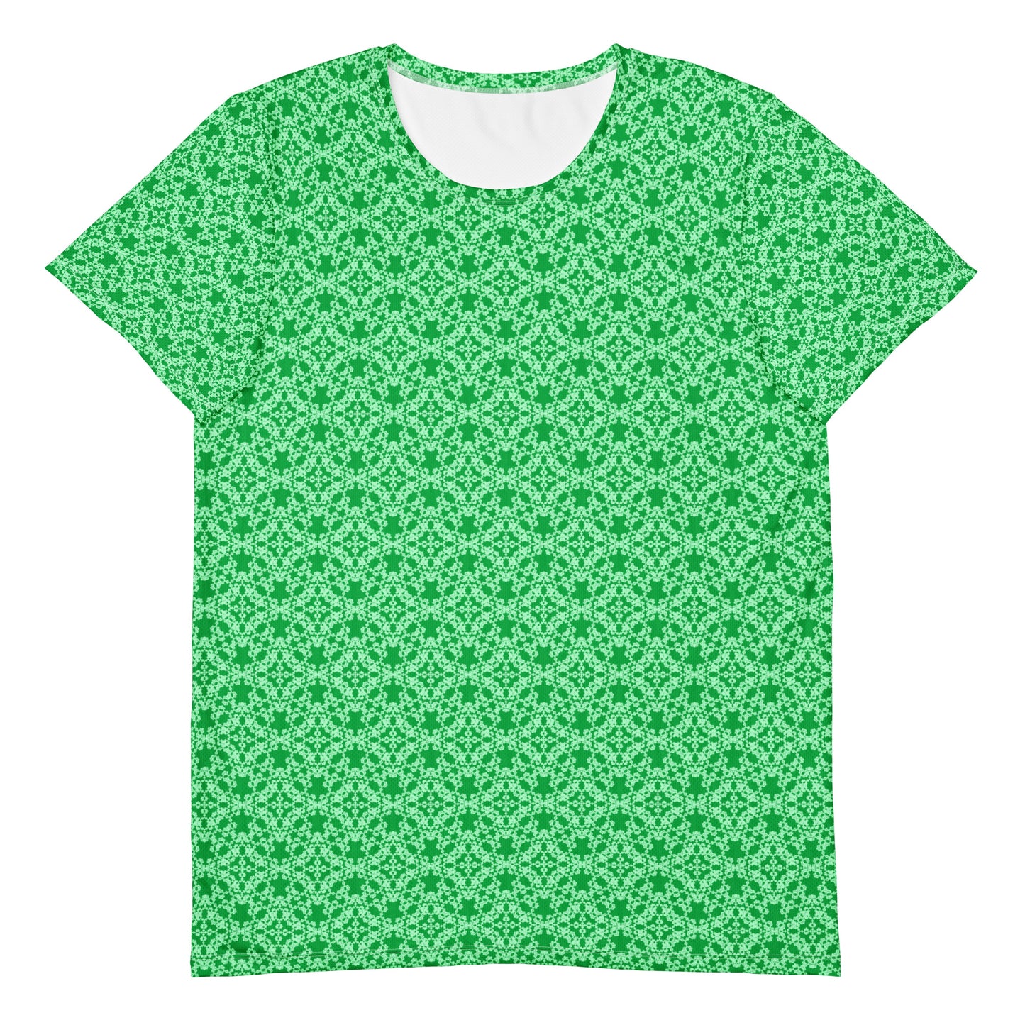 Front of the men's athletic t-shirt with the 'Tetragon' green fractal geometric pattern.