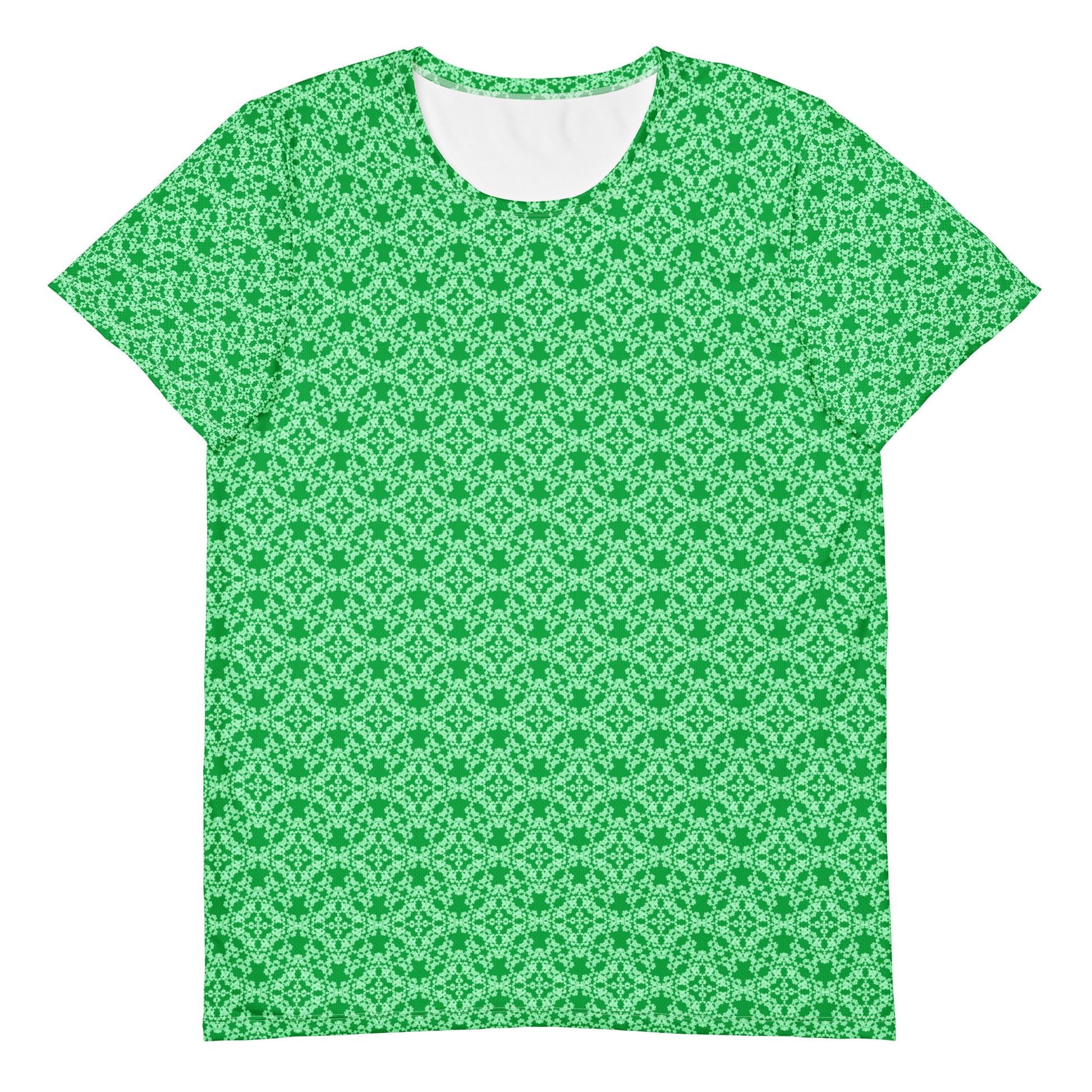 Front of the men's athletic t-shirt with the 'Tetragon' green fractal geometric pattern.