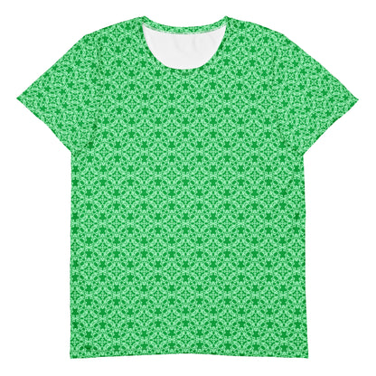 Front of the men's athletic t-shirt with the 'Tetragon' green fractal geometric pattern.