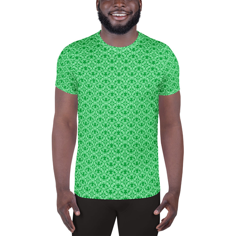 Front shot of a model wearing the men's athletic t-shirt with the 'Tetragon' green fractal geometric pattern.