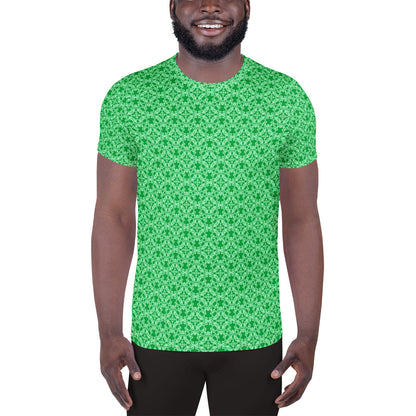 Front shot of a model wearing the men's athletic t-shirt with the 'Tetragon' green fractal geometric pattern.