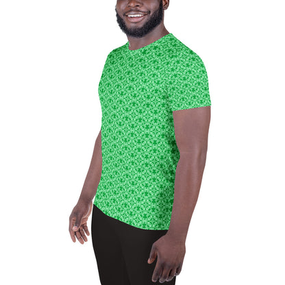 Left front shot of a model wearing the men's athletic t-shirt with the 'Tetragon' green fractal geometric pattern.