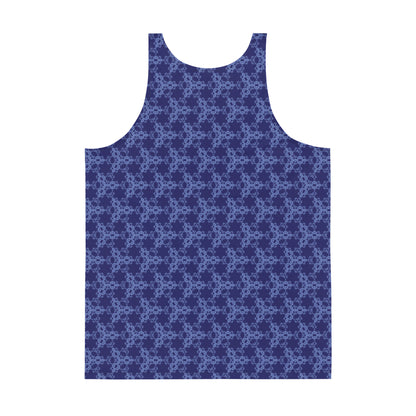 Back of the men's tank top with the 'Triagon' navy and blue fractal geometric pattern.