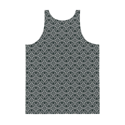 Back of the men's tank top with the 'Quadragon' charcoal and white fractal geometric pattern.