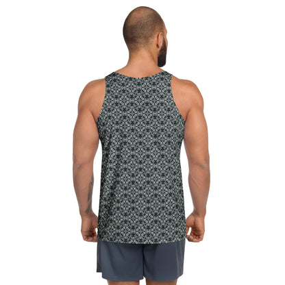Back shot of a model wearing the men's tank top with the 'Quadragon' charcoal and white fractal geometric pattern.