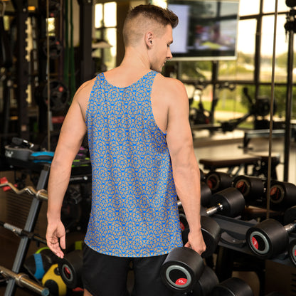 Back shot of a young man training in the gym, wearing the tank top with the 'Pentagon' blue and yellow fractal geometric pattern.