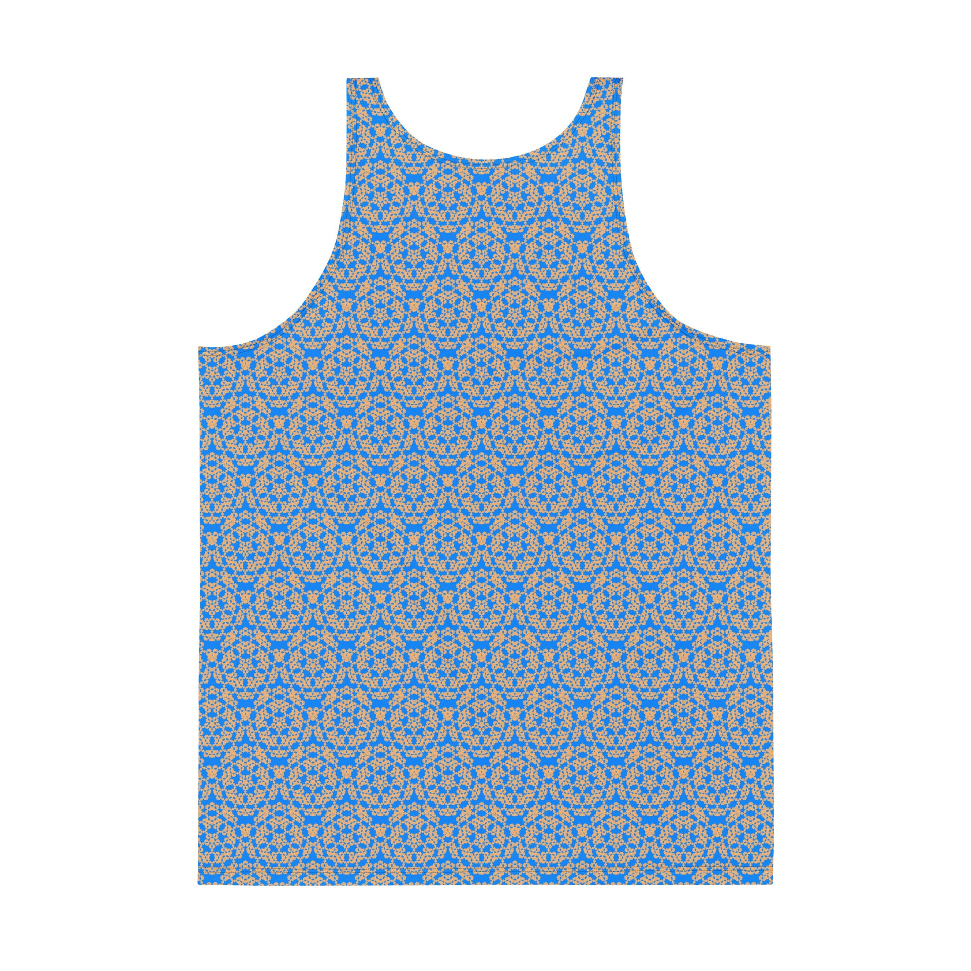 Back of the men's tank top with the 'Pentagon' blue and yellow fractal geometric pattern.