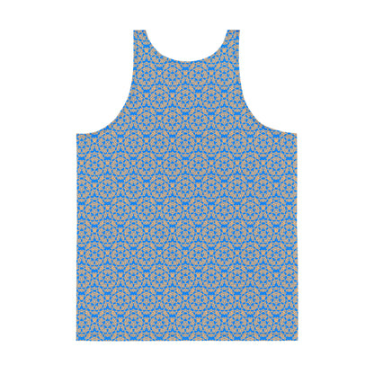 Back of the men's tank top with the 'Pentagon' blue and yellow fractal geometric pattern.