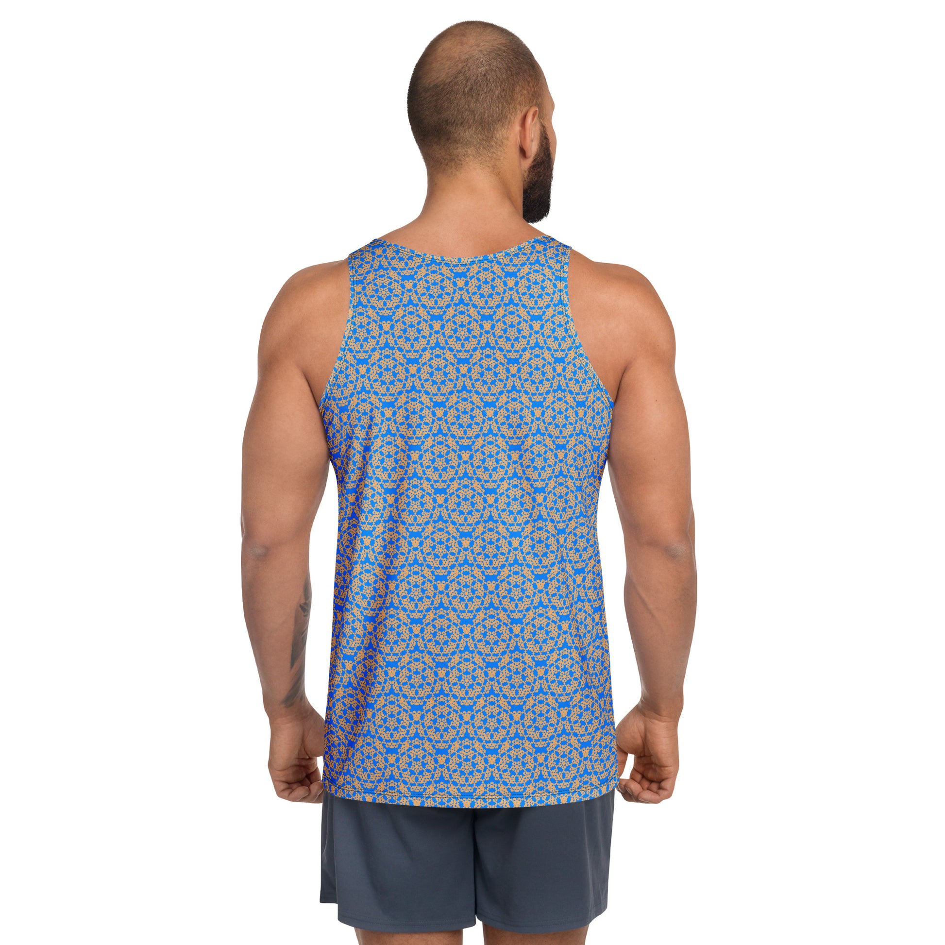 Back shot of a model wearing the men's tank top with the 'Pentagon' blue and yellow fractal geometric pattern.