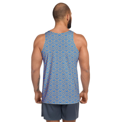Back shot of a model wearing the men's tank top with the 'Pentagon' blue and yellow fractal geometric pattern.