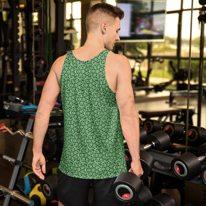 Back shot of a young man training in the gym, wearing the tank top with the 'Heptagon' green fractal geometric pattern.