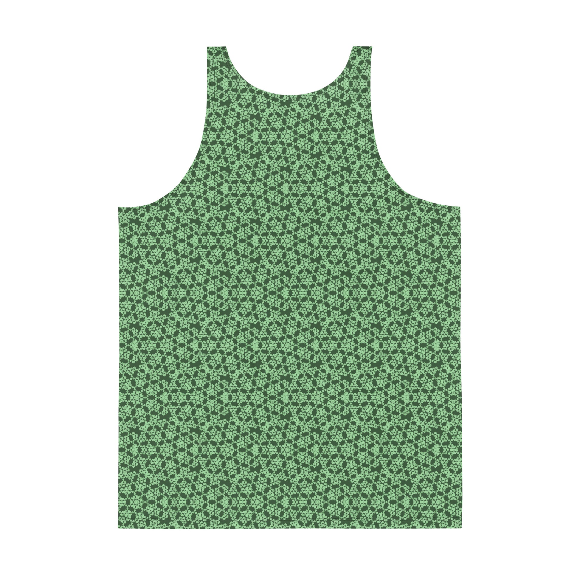 Back of the men's tank top with the 'Heptagon' green fractal geometric pattern.