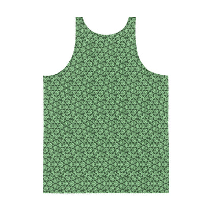Back of the men's tank top with the 'Heptagon' green fractal geometric pattern.