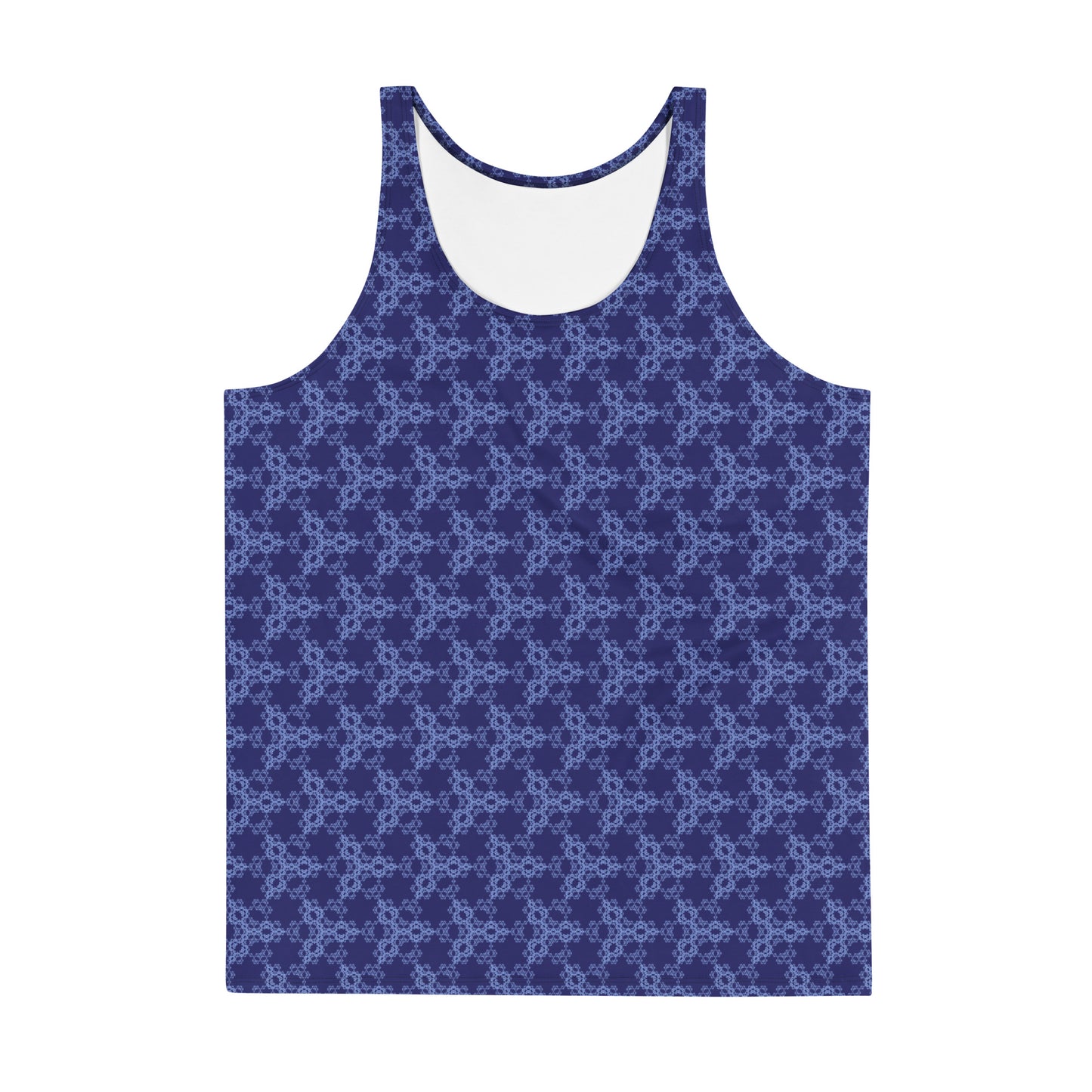 Front of the men's tank top with the 'Triagon' navy and blue fractal geometric pattern.