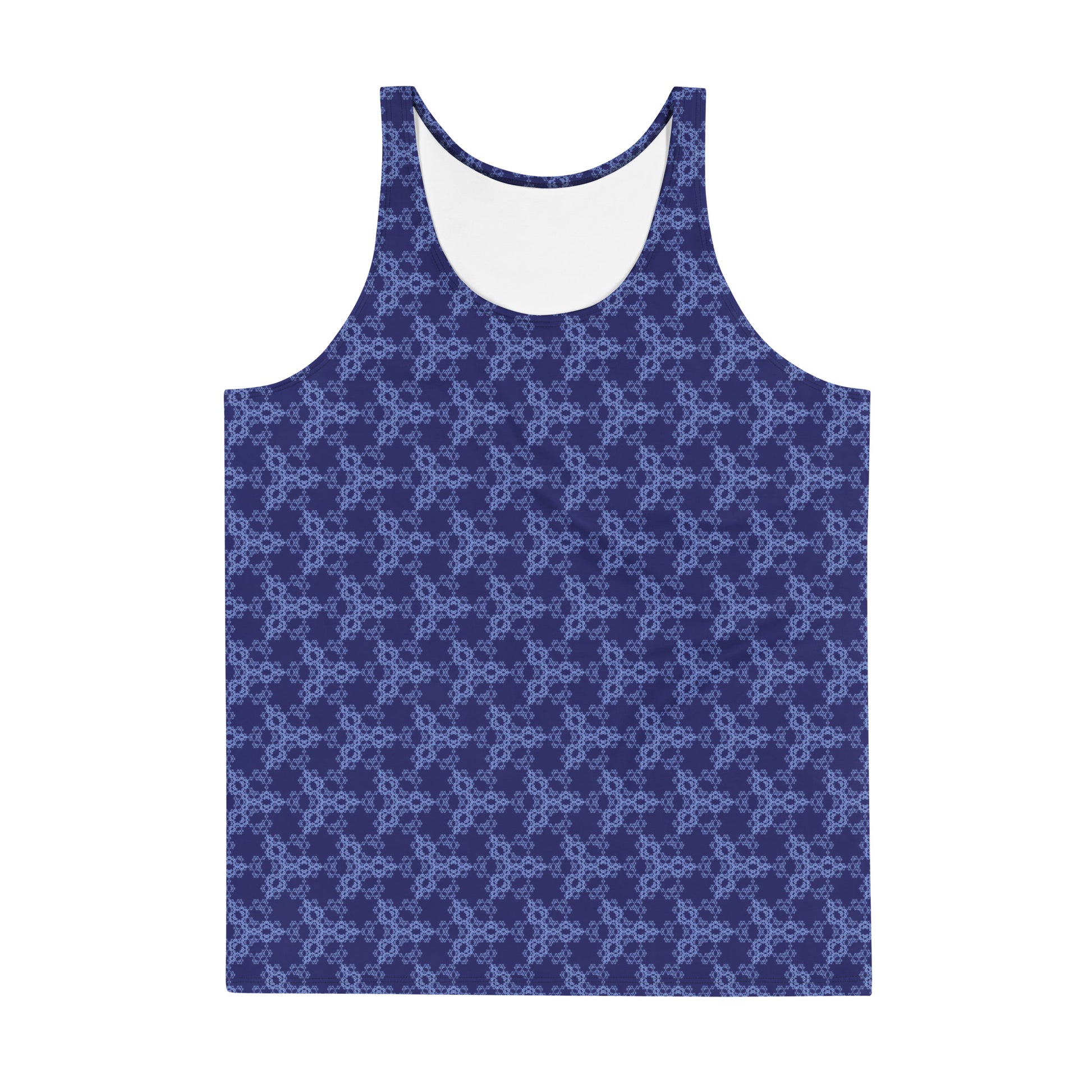 Front of the men's tank top with the 'Triagon' navy and blue fractal geometric pattern.