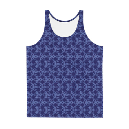 Front of the men's tank top with the 'Triagon' navy and blue fractal geometric pattern.
