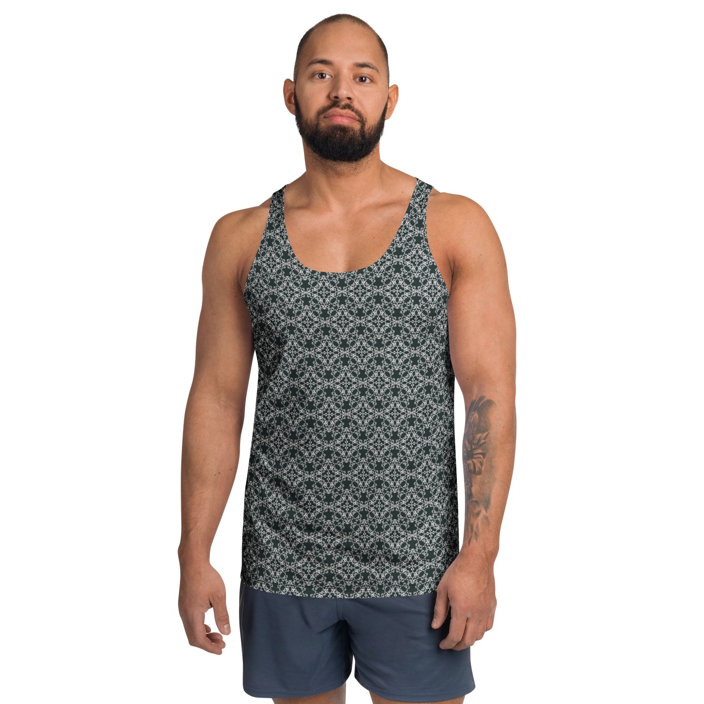 Front shot of a model wearing the men's tank top with the 'Quadragon' charcoal and white fractal geometric pattern.