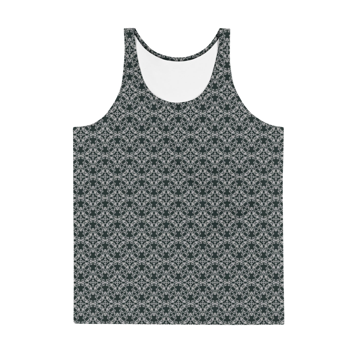 Front of the men's tank top with the 'Quadragon' charcoal and white fractal geometric pattern.