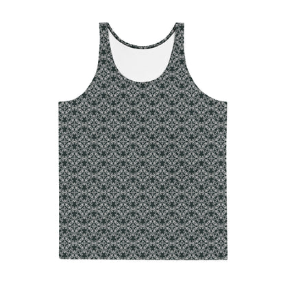 Front of the men's tank top with the 'Quadragon' charcoal and white fractal geometric pattern.