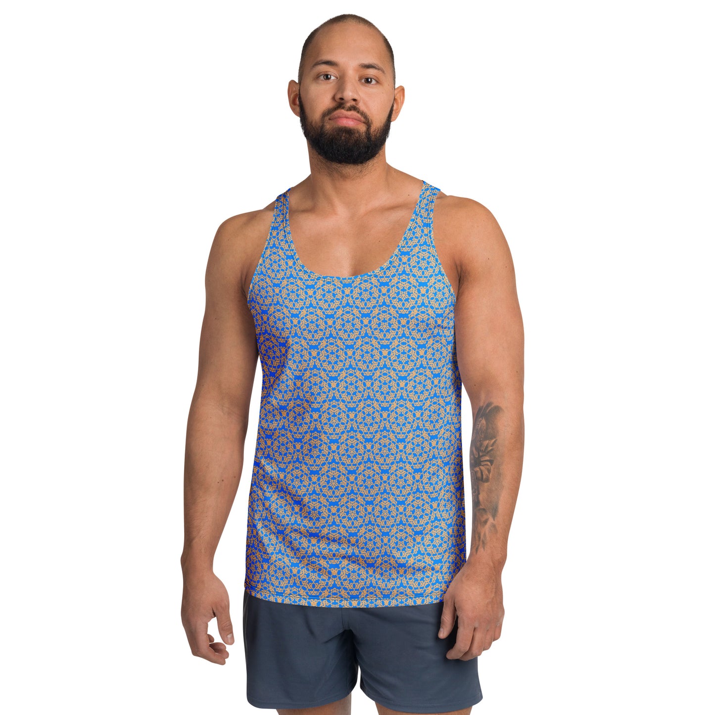 Front shot of a model wearing the men's tank top with the 'Pentagon' blue and yellow fractal geometric pattern.
