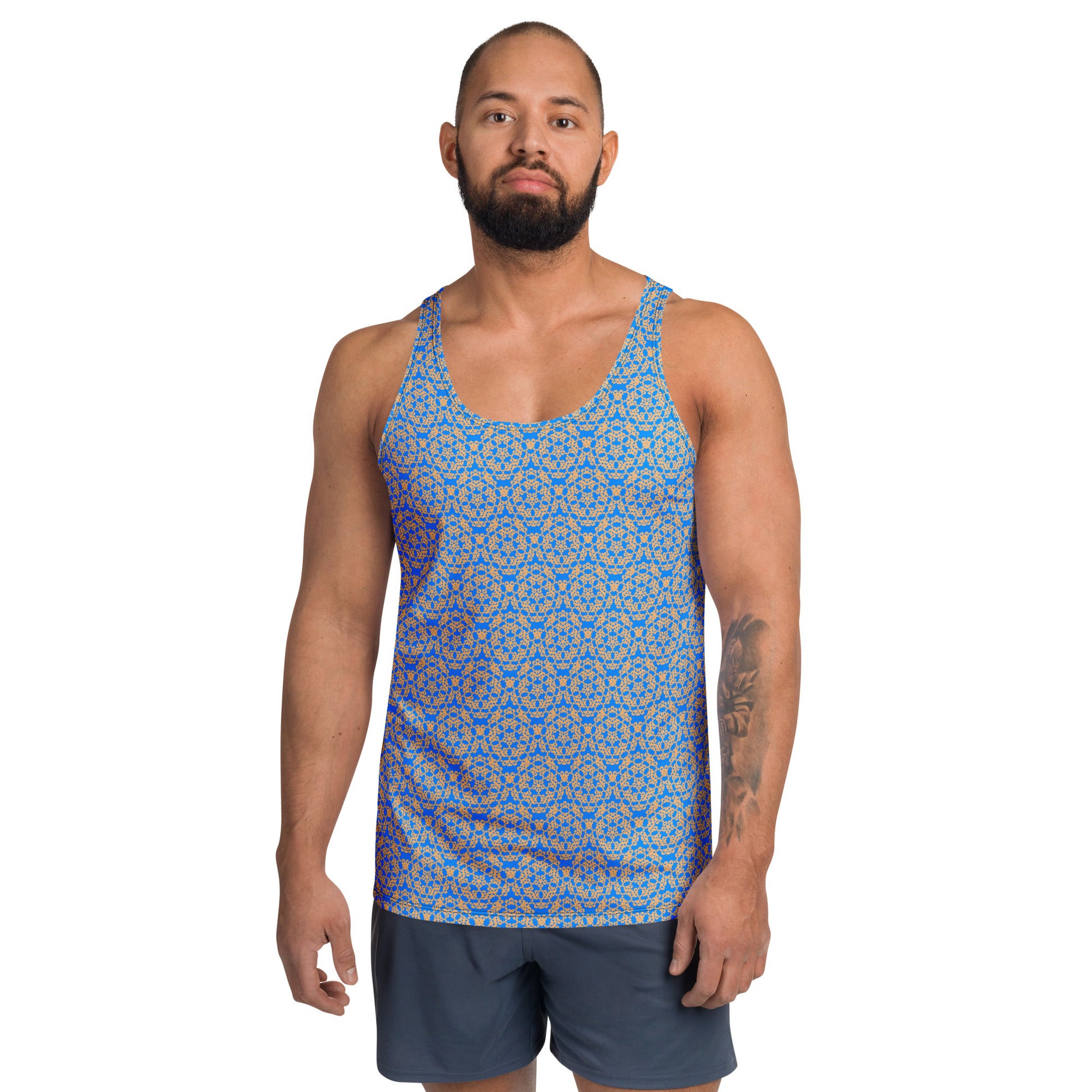 Front shot of a model wearing the men's tank top with the 'Pentagon' blue and yellow fractal geometric pattern.