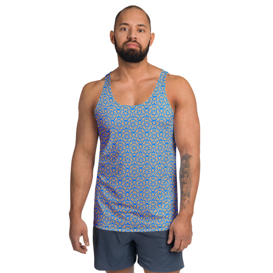 Front shot of a model wearing the men's tank top with the 'Pentagon' blue and yellow fractal geometric pattern.