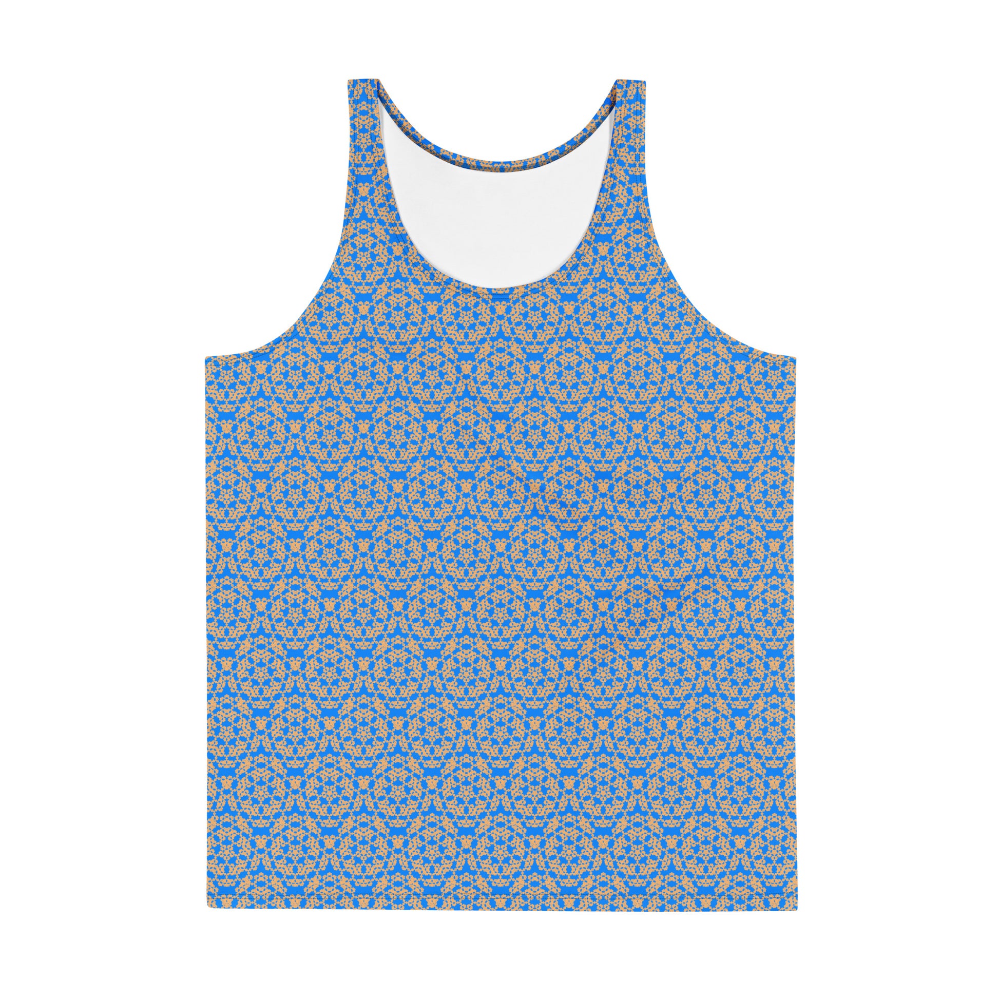 Front of the men's tank top with the 'Pentagon' blue and yellow fractal geometric pattern.