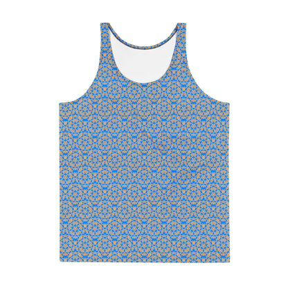 Front of the men's tank top with the 'Pentagon' blue and yellow fractal geometric pattern.