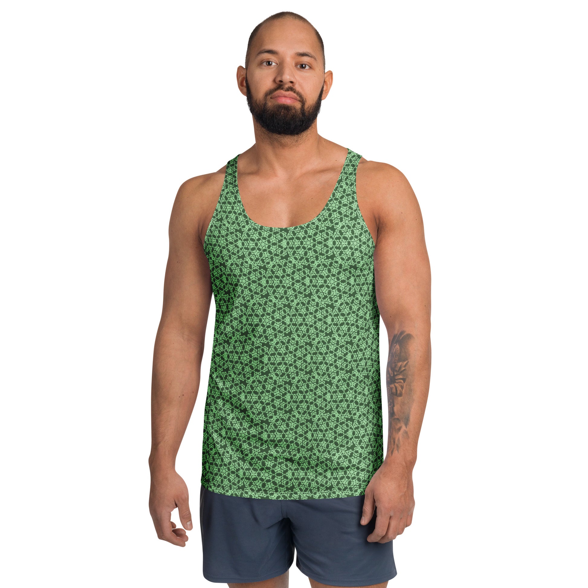 Front shot of a model wearing the men's tank top with the 'Heptagon' green fractal geometric pattern.