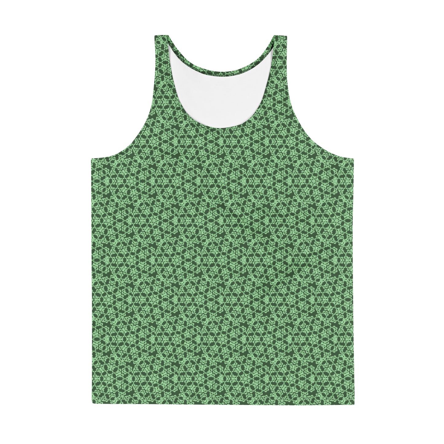 Front of the men's tank top with the 'Heptagon' green fractal geometric pattern.