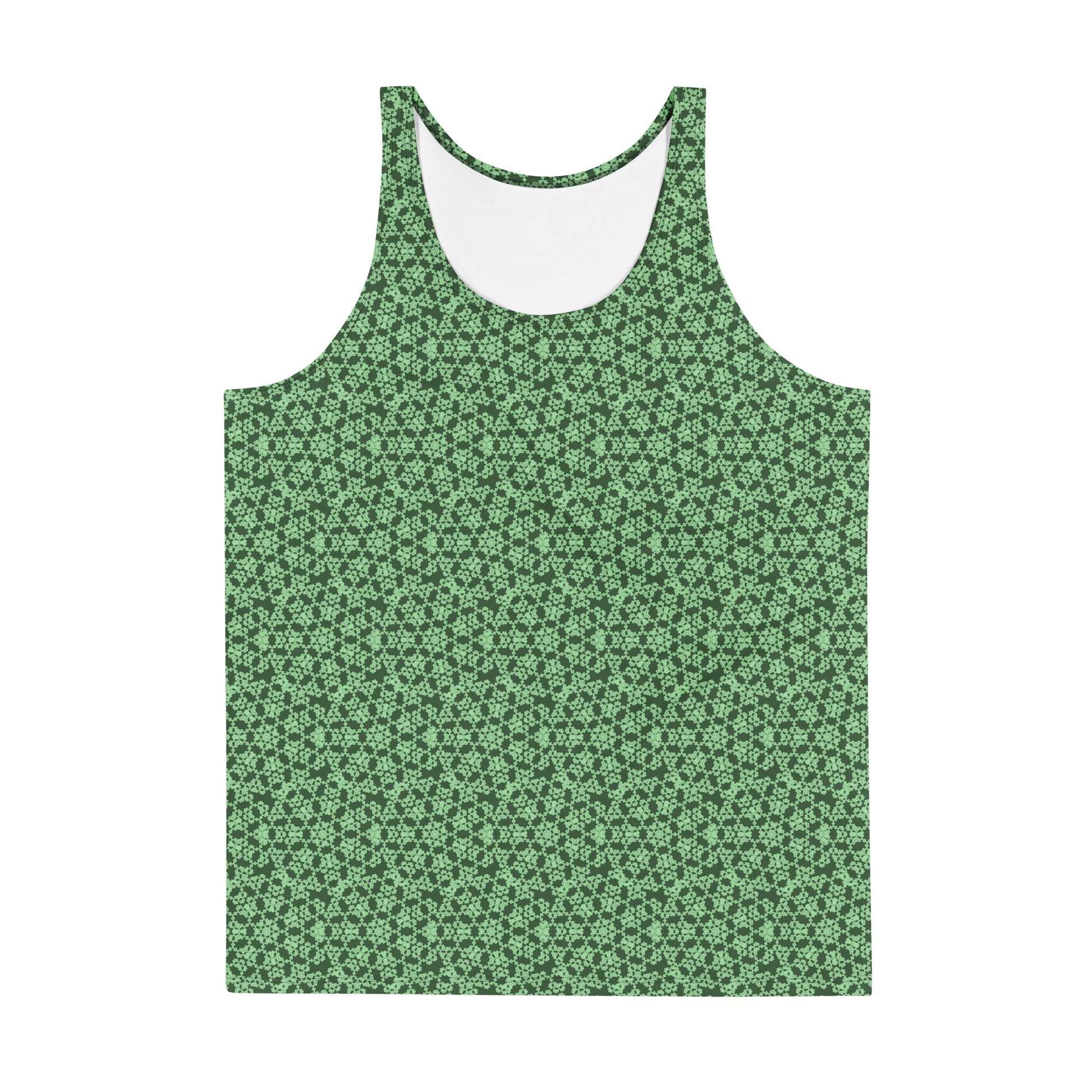 Front of the men's tank top with the 'Heptagon' green fractal geometric pattern.