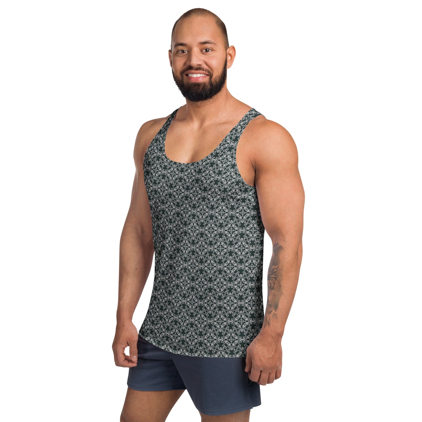 Left front shot of a model wearing the men's tank top with the 'Quadragon' charcoal and white fractal geometric pattern.