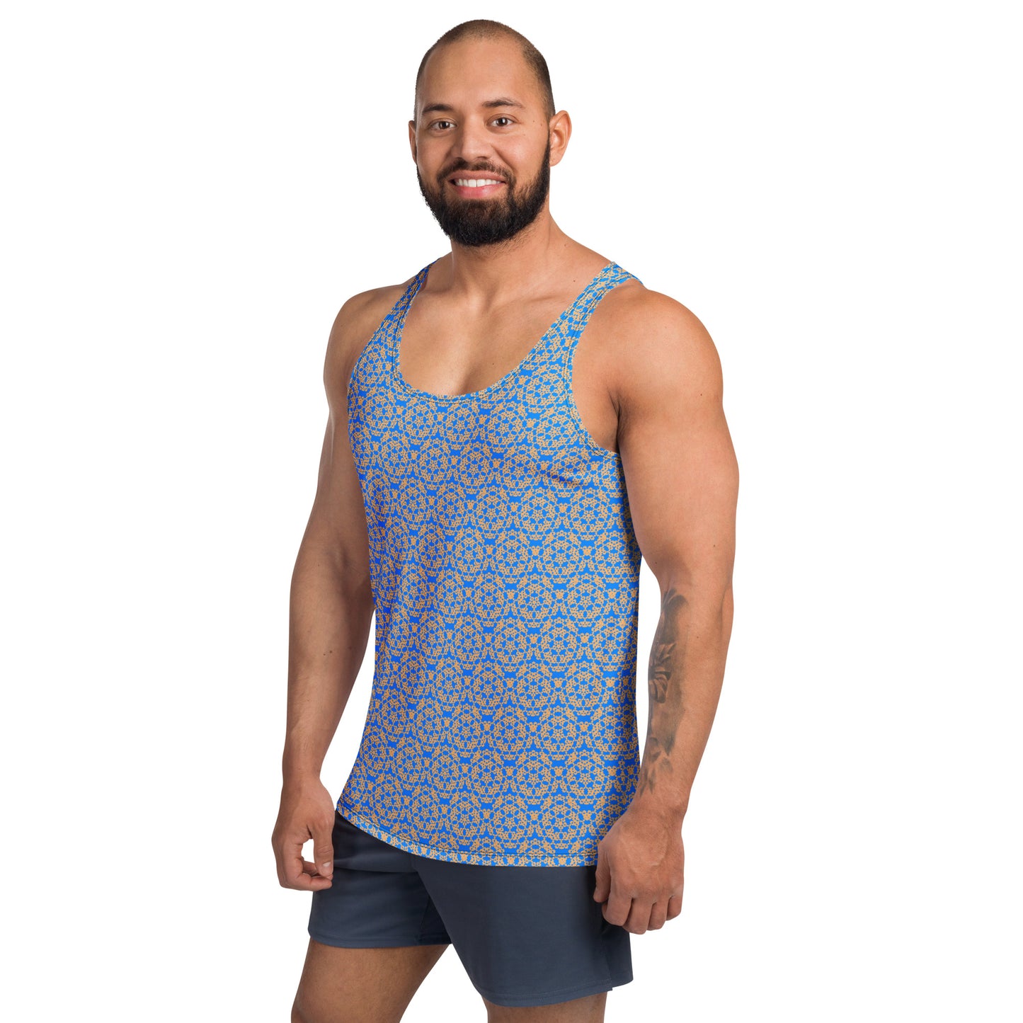 Left front shot of a model wearing the men's tank top with the 'Pentagon' blue and yellow fractal geometric pattern.