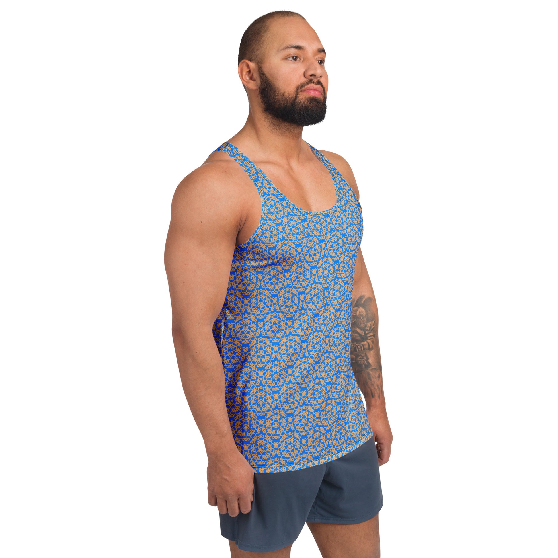 Right front shot of a model wearing the men's tank top with the 'Pentagon' blue and yellow fractal geometric pattern.