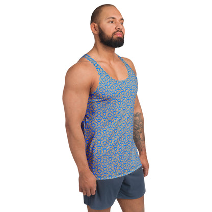 Right front shot of a model wearing the men's tank top with the 'Pentagon' blue and yellow fractal geometric pattern.
