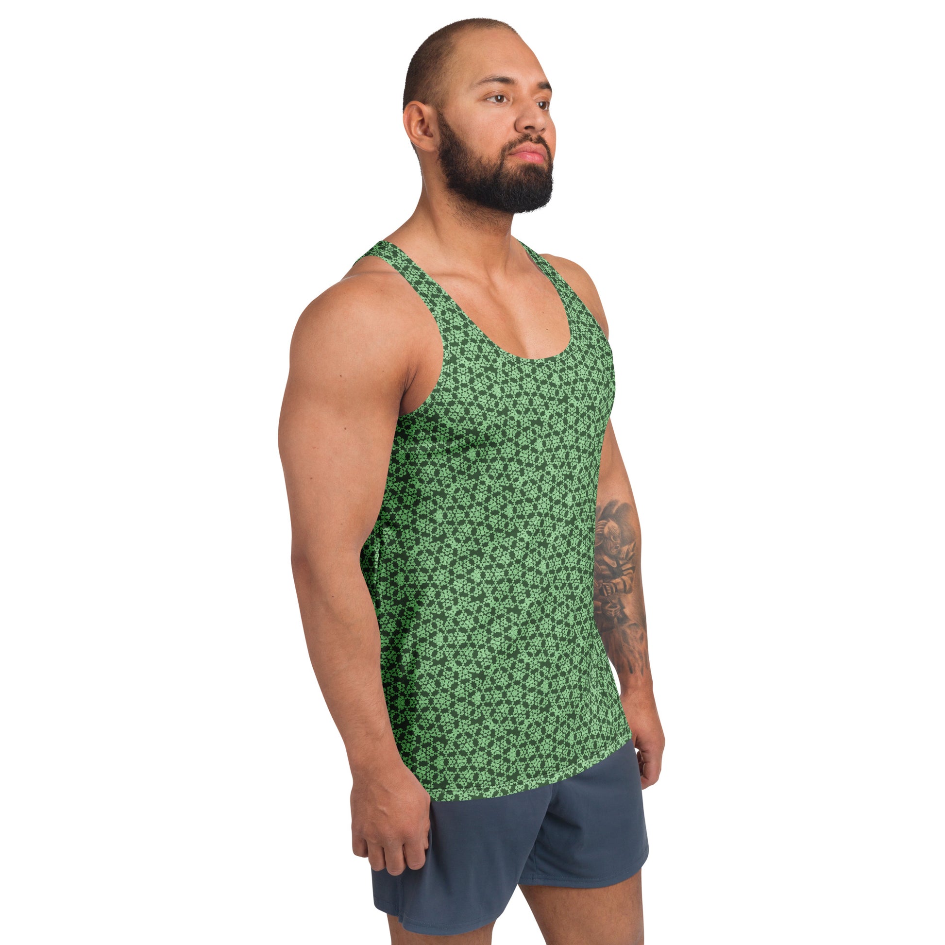 Right front shot of a model wearing the men's tank top with the 'Heptagon' green fractal geometric pattern.