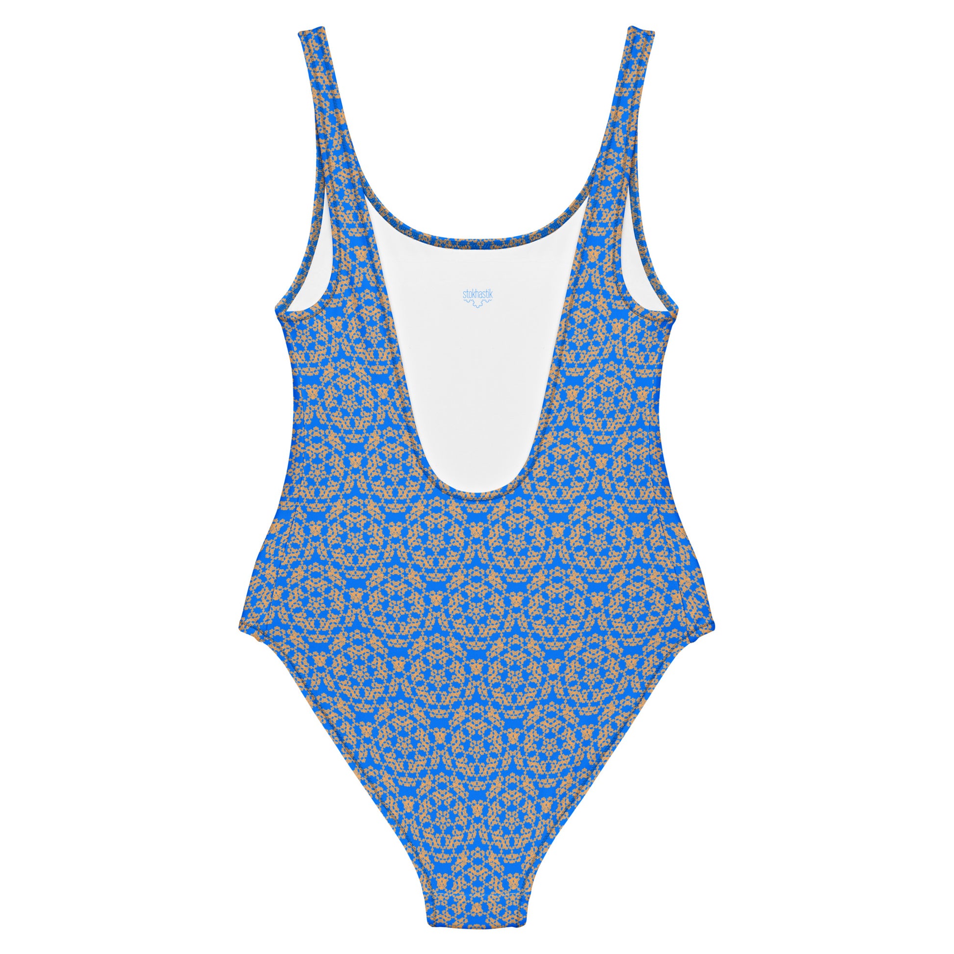 Back of the one-piece swimsuit with the 'Pentagon' blue and yellow fractal geometric pattern.