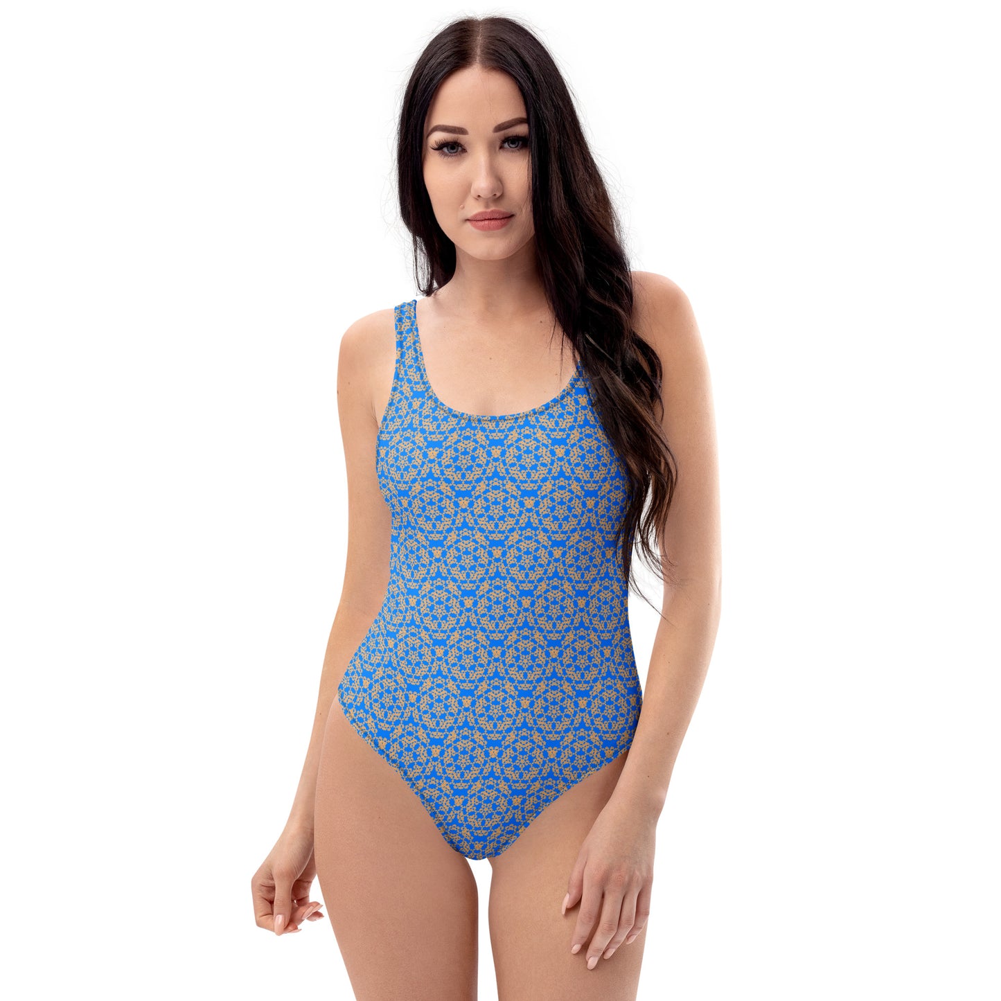 Front shot of a model wearing the one-piece swimsuit with the 'Pentagon' blue and yellow fractal geometric pattern.