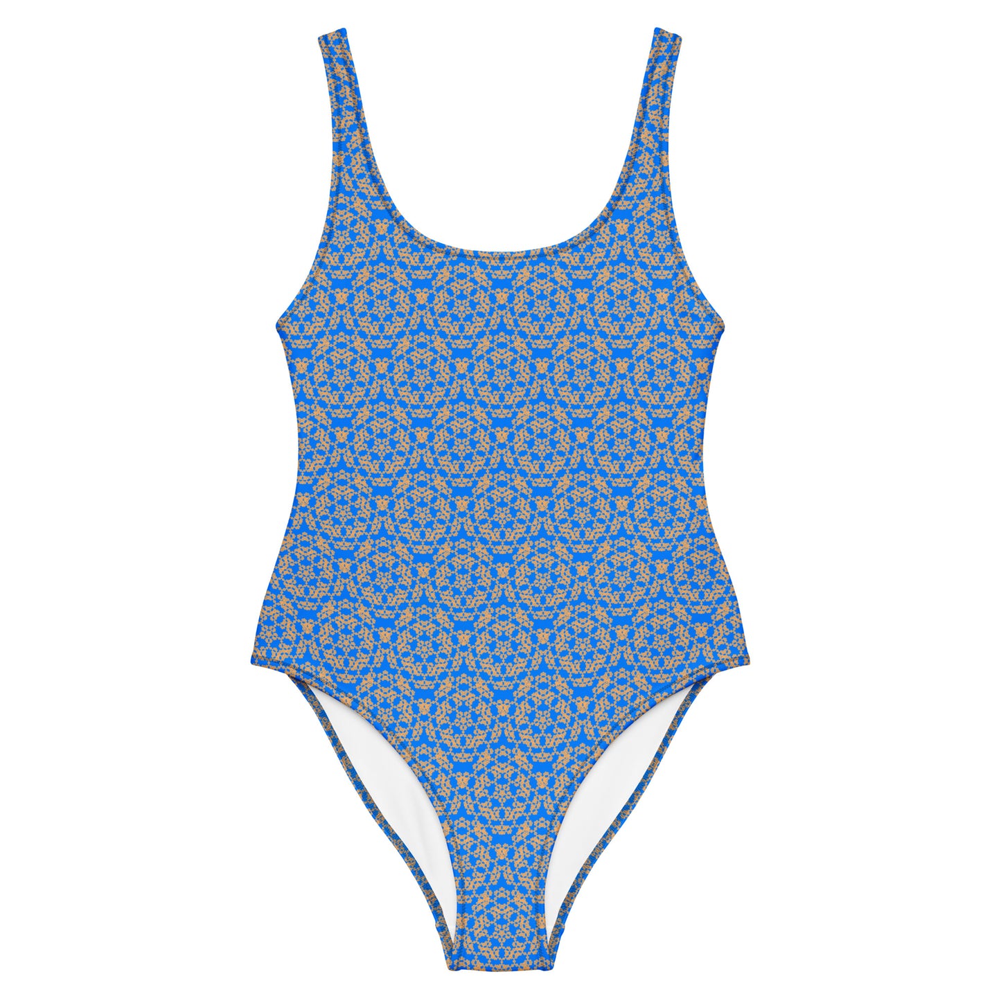 Front of the one-piece swimsuit with the 'Pentagon' blue and yellow fractal geometric pattern.