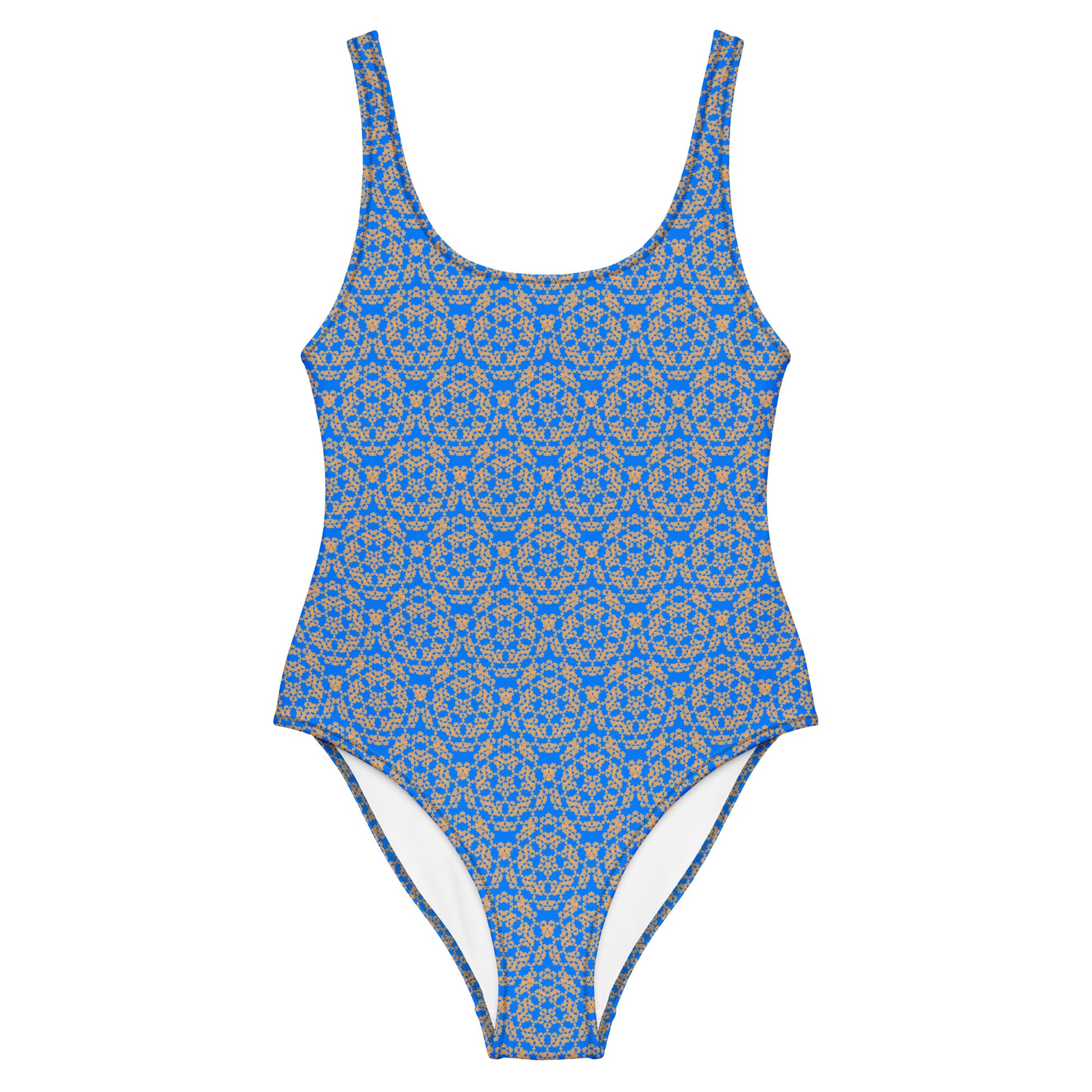 Front of the one-piece swimsuit with the 'Pentagon' blue and yellow fractal geometric pattern.