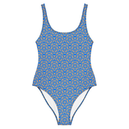 Front of the one-piece swimsuit with the 'Pentagon' blue and yellow fractal geometric pattern.